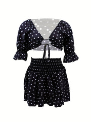 Polka Dot Ruffle Trim Crop Top & Shirred Waist Set