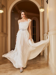 Thigh Mesh Wedding Dress Backless One Shoulder Dress