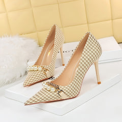 Women's Houndstooth Pointed Toe High Heels Stiletto Heels