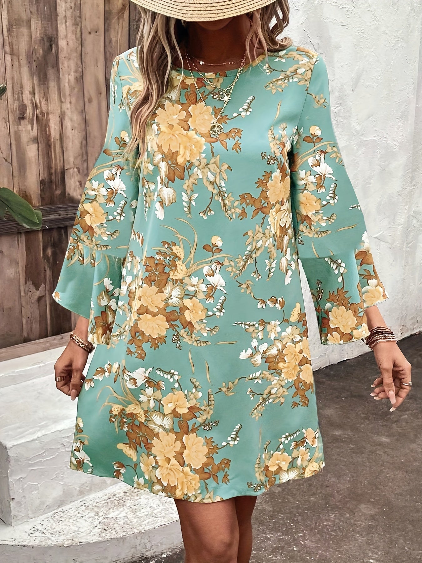 Boho Dress Women's Plus Floral Print Bell Sleeve Cut Out Back Dress