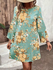 Boho Dress Women's Plus Floral Print Bell Sleeve Cut Out Back Dress