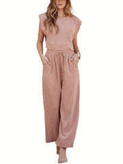 Solid Casual Two-Piece Set Crew Neck Vest & High Waist Pants Set