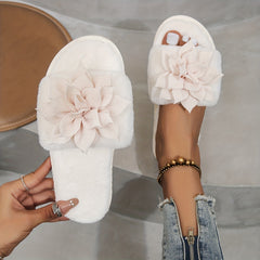 Women's Flower Decor Plush Slippers Lightweight Faux Fur Slip-Ons
