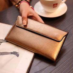 Women's Slim Long Wallet with Buckle Closure Red Brown Polyester Lined