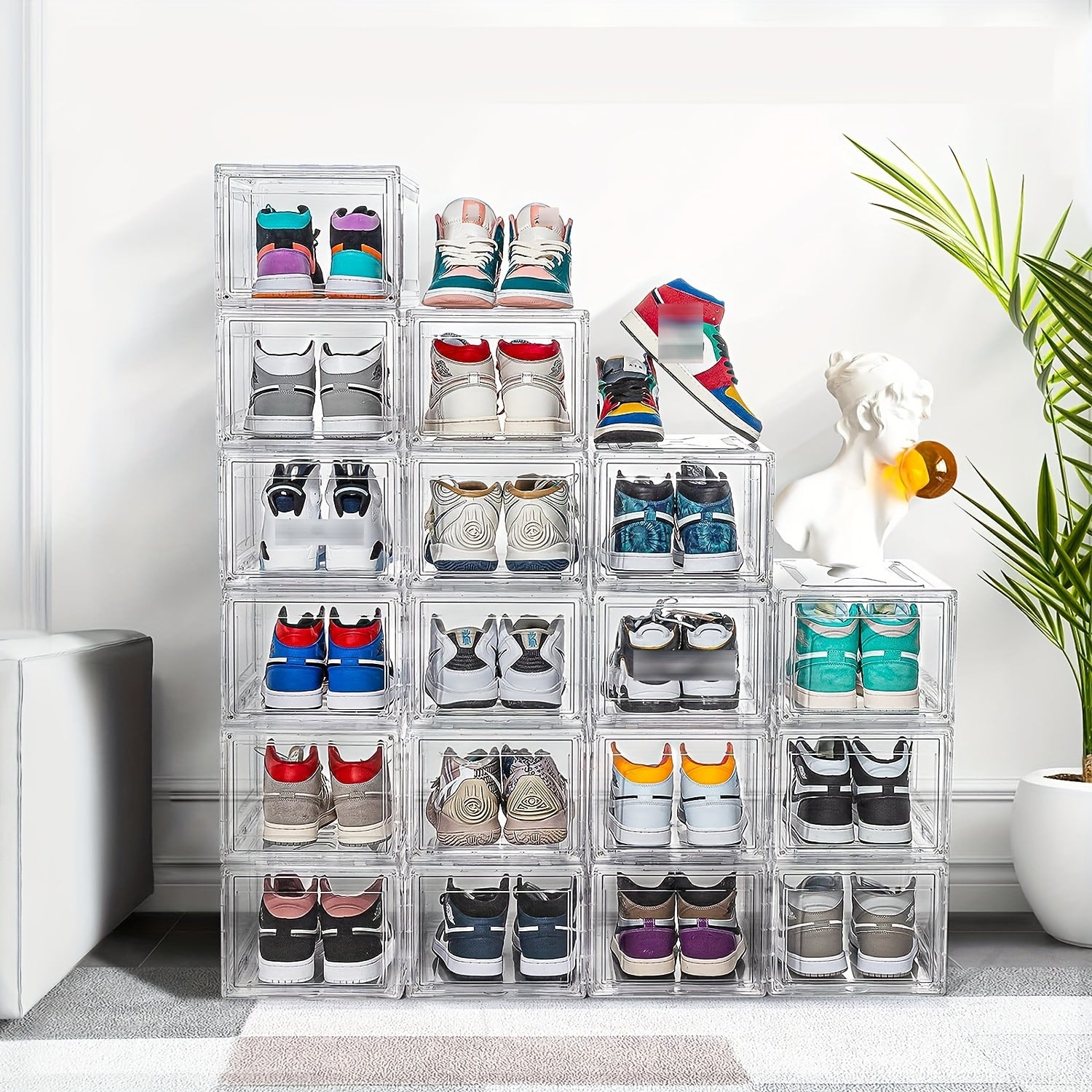 2pcs Transparent Foldable Shoes Storage Box Stackable Dustproof Basket