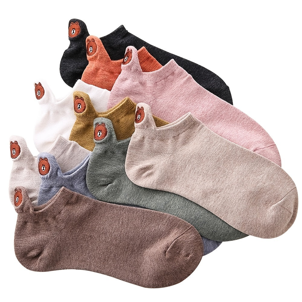 10 Pairs Soft Ankle Socks Teddy Bear Embroidered Cotton Solid Women's Stockings