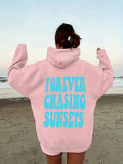 Sunset Print Hoodie Long Sleeve Drawstring Casual Sweatshirt Women