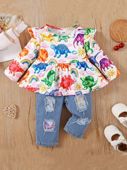 2pcs Baby Girls Forest Animal Print Top Ripped Patched Jeans Set