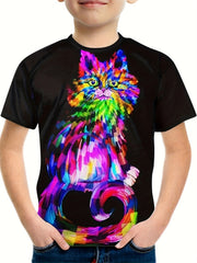 Colorful Cat Print Boy's Casual Tees Short Sleeve Crew Neck T Shirt
