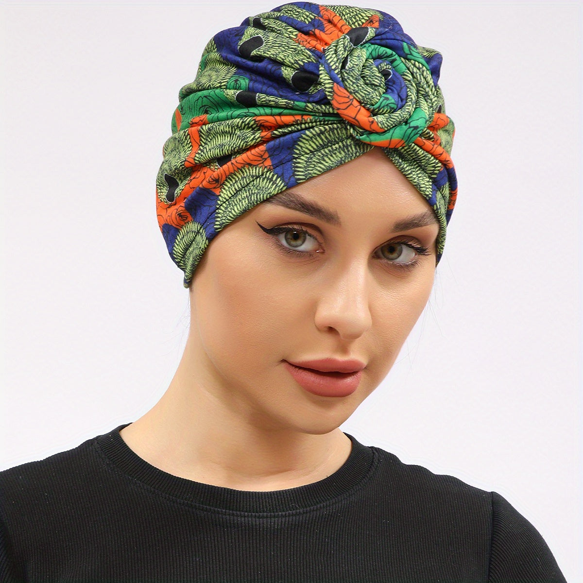 Boho Print Turban Cap Twist Pleated Head Wrap Elastic Head Scarf