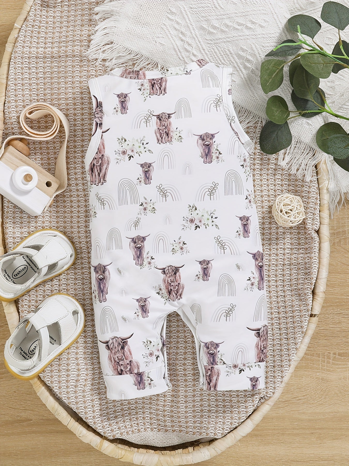 Baby Boys Bull And Flower Print Sleeveless Summer Romper