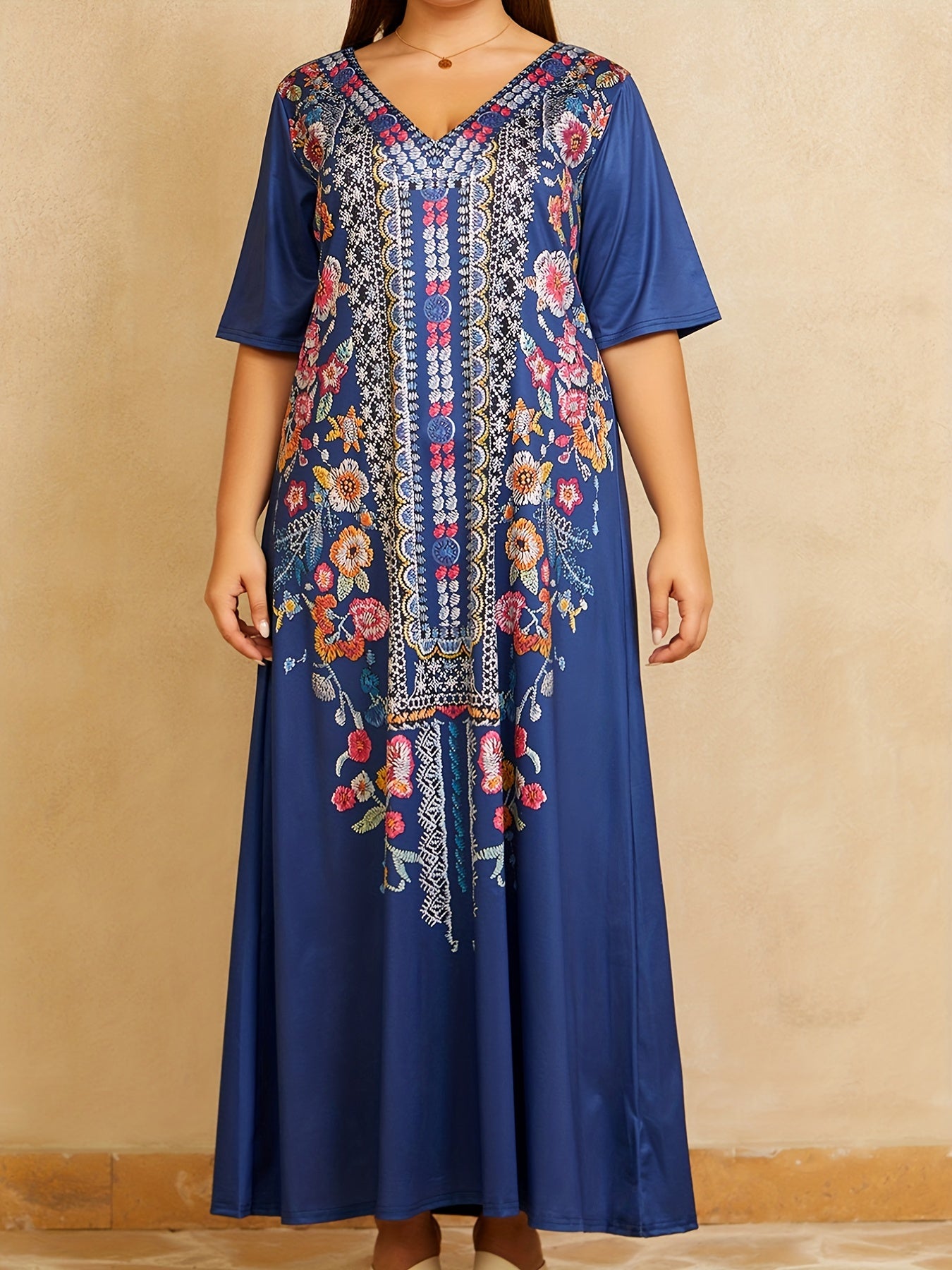 Boho Dress Women's Plus Border Floral Print V Neck Maxi Dress