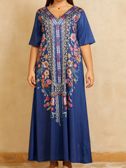 Boho Dress Women's Plus Border Floral Print V Neck Maxi Dress