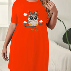 Owl Print Nightdress Short Sleeve Sleep Dress