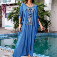 Boho Kaftan Dress Women's Plus Embroidered Batwing Sleeve