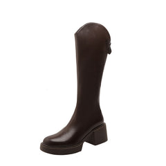 Knee High Block Heel Boots Zip Round Toe