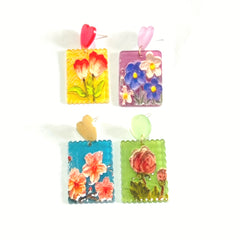 4 Pairs Flower Floral Rectangular Stud Earrings Set