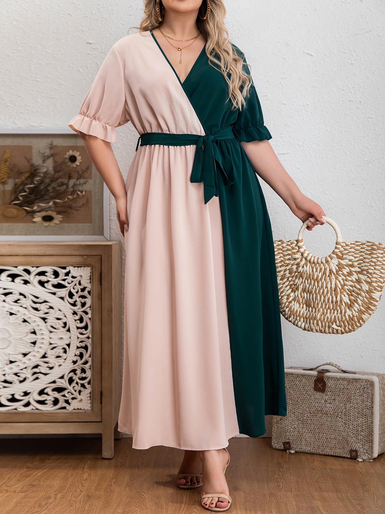 Colorblock Puff Sleeve Maxi Dress With Belt