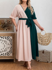 Colorblock Puff Sleeve Maxi Dress With Belt