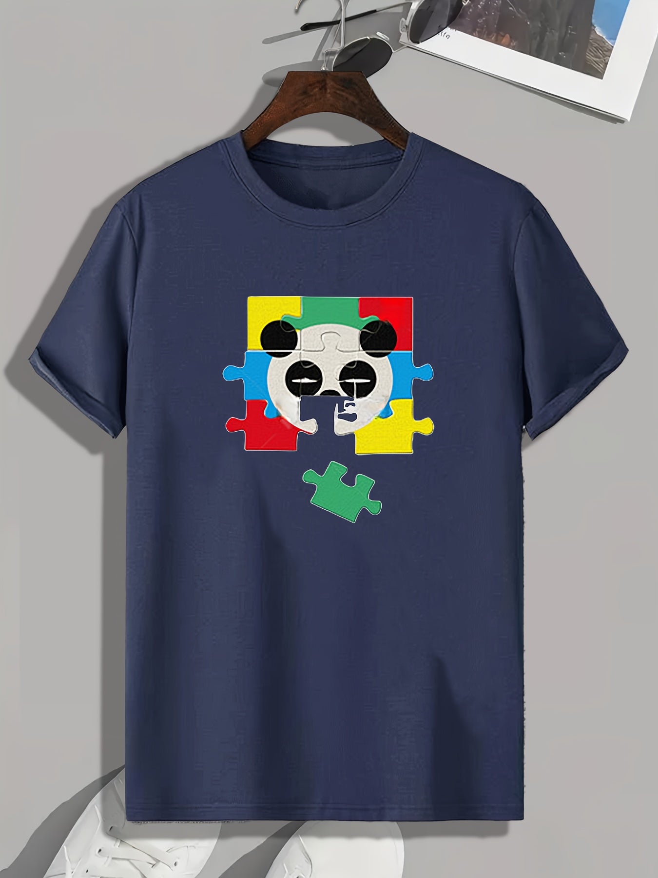 Panda Puzzle Print Men's Graphic T shirt Casual Comfy Tees