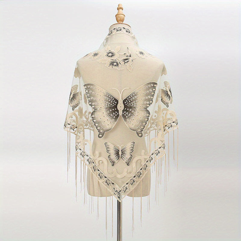 Butterfly Embroidered Tassel Shawl Triangle Scarf Lace Wrap for Party