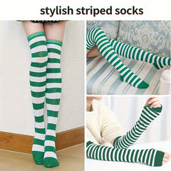 Colorful Striped Knitted Thigh Long Stockings & Gloves Set