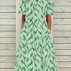 Leaf Print Short Sleeve Casual Dress With Pockets