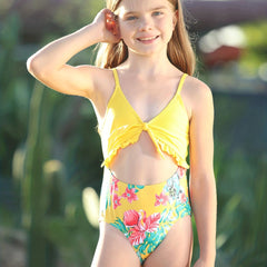 Toddler Girls Flowers Graphic Cut Out Ruffle Cami Swimsuit