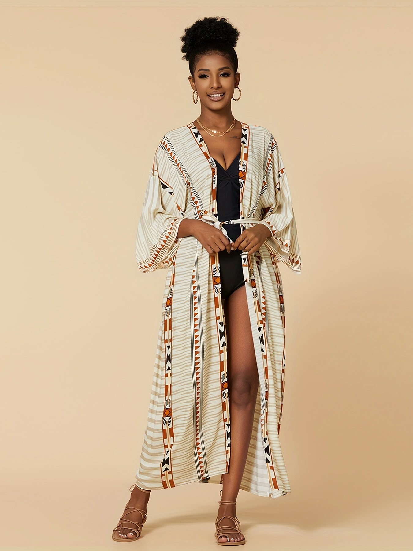 Boho Cover Up Women's Plus Tribal Print Long Sleeve Cover Up