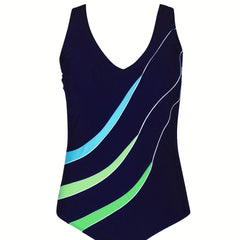 Stripe Print V Neck One Piece Swimsuit