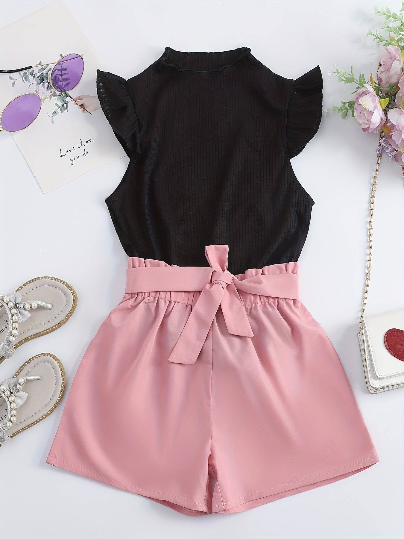 2pcs Toddler Girls Ribbed Knit Top & Shorts Set
