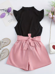 2pcs Toddler Girls Ribbed Knit Top & Shorts Set