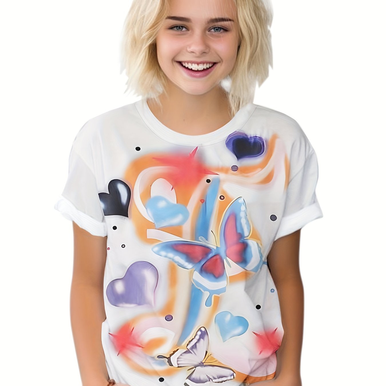 Girls Boys Butterfly & Heart Graphic T-shirt Summer Sports