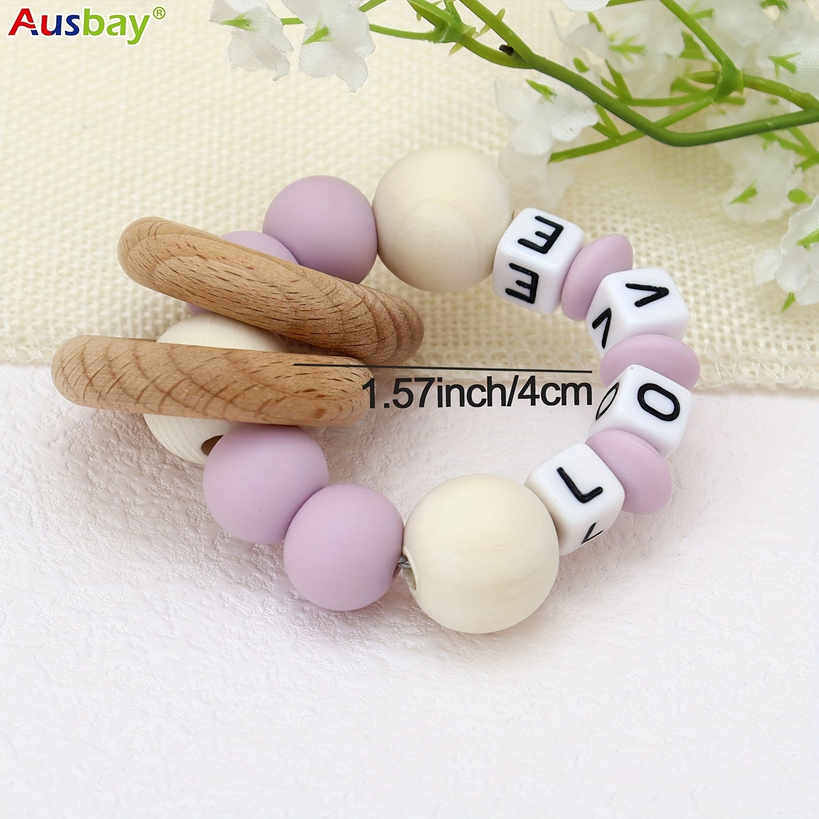 Personalized Wooden Teether Ring with Silicone Beads