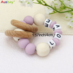 Personalized Wooden Teether Ring with Silicone Beads