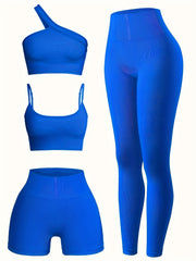 4PCS Seamless Yoga Set One Shoulder Top & High Waist Leggings and Shorts
