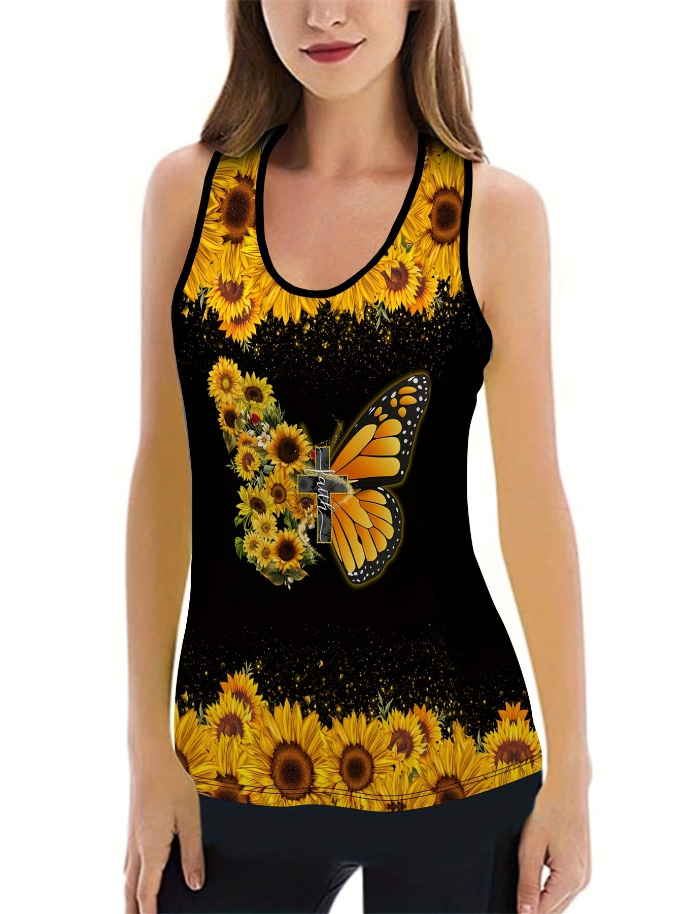 Sunflower & Butterfly Print Tank Top & Leggings Yoga Outfit Set