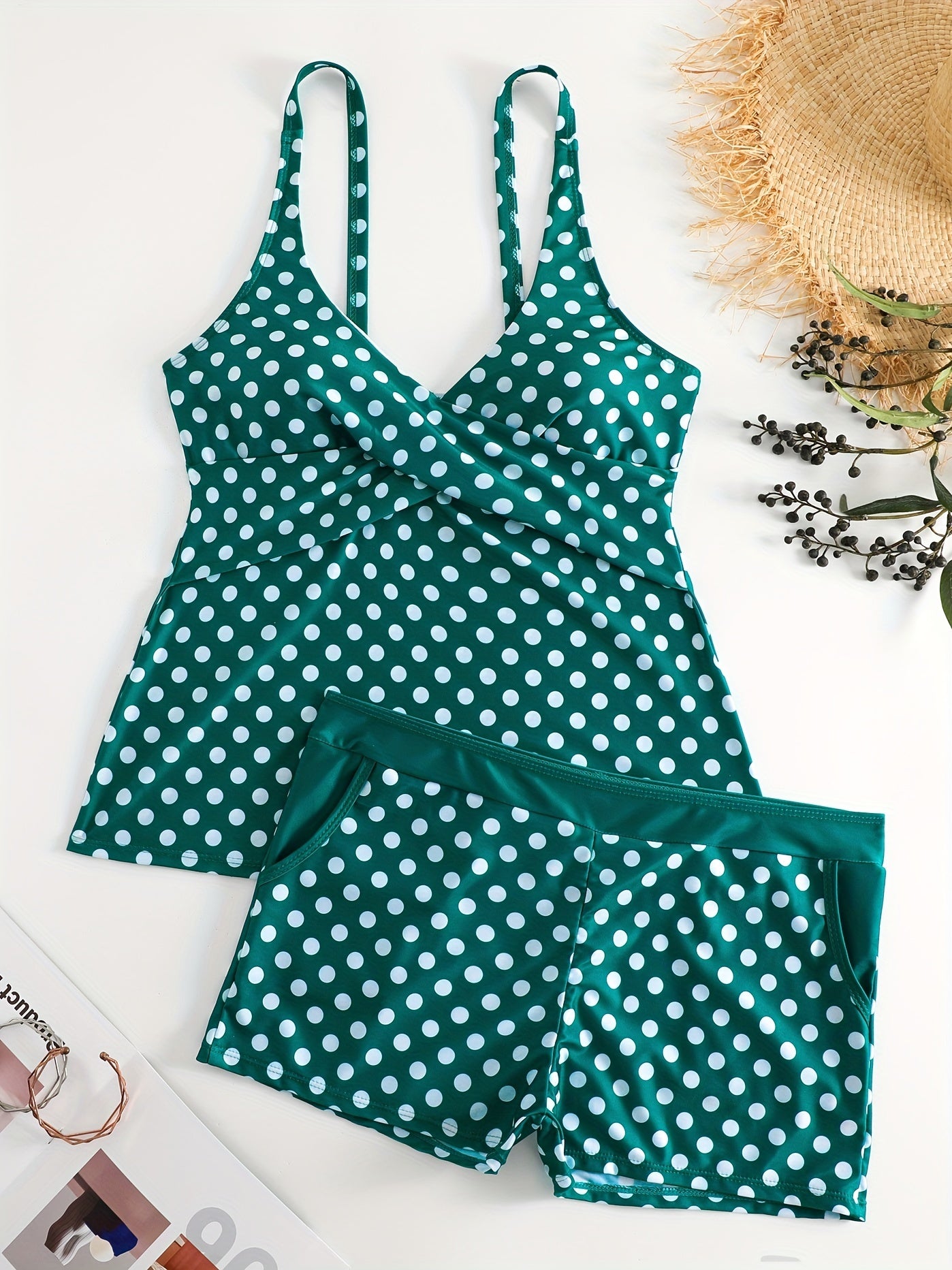 Polka Dot Two Piece Swimsuit V Neck Boxer Short Bottom Bathing Suit