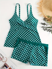 Polka Dot Two Piece Swimsuit V Neck Boxer Short Bottom Bathing Suit