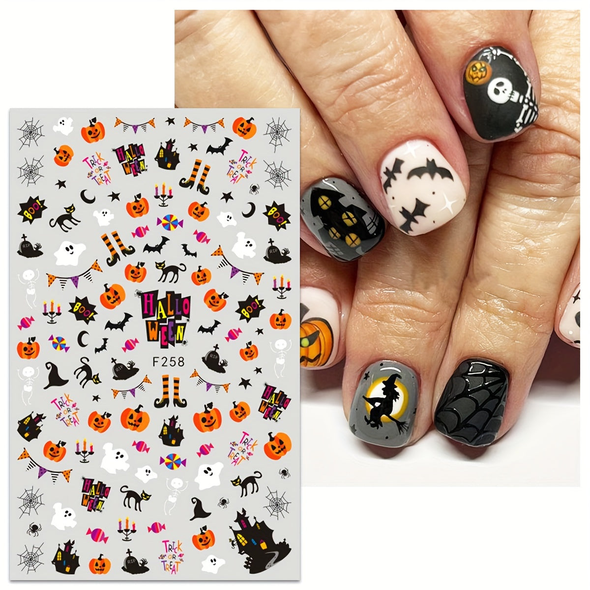 3D Halloween Nail Art Stickers Pumpkin Ghost Bat Witch Designs Self Adhesive Nai