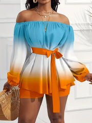 Tie Dye Matching Two piece Set Sexy Off Shoulder Tie Waist Top & Shorts Outfits
