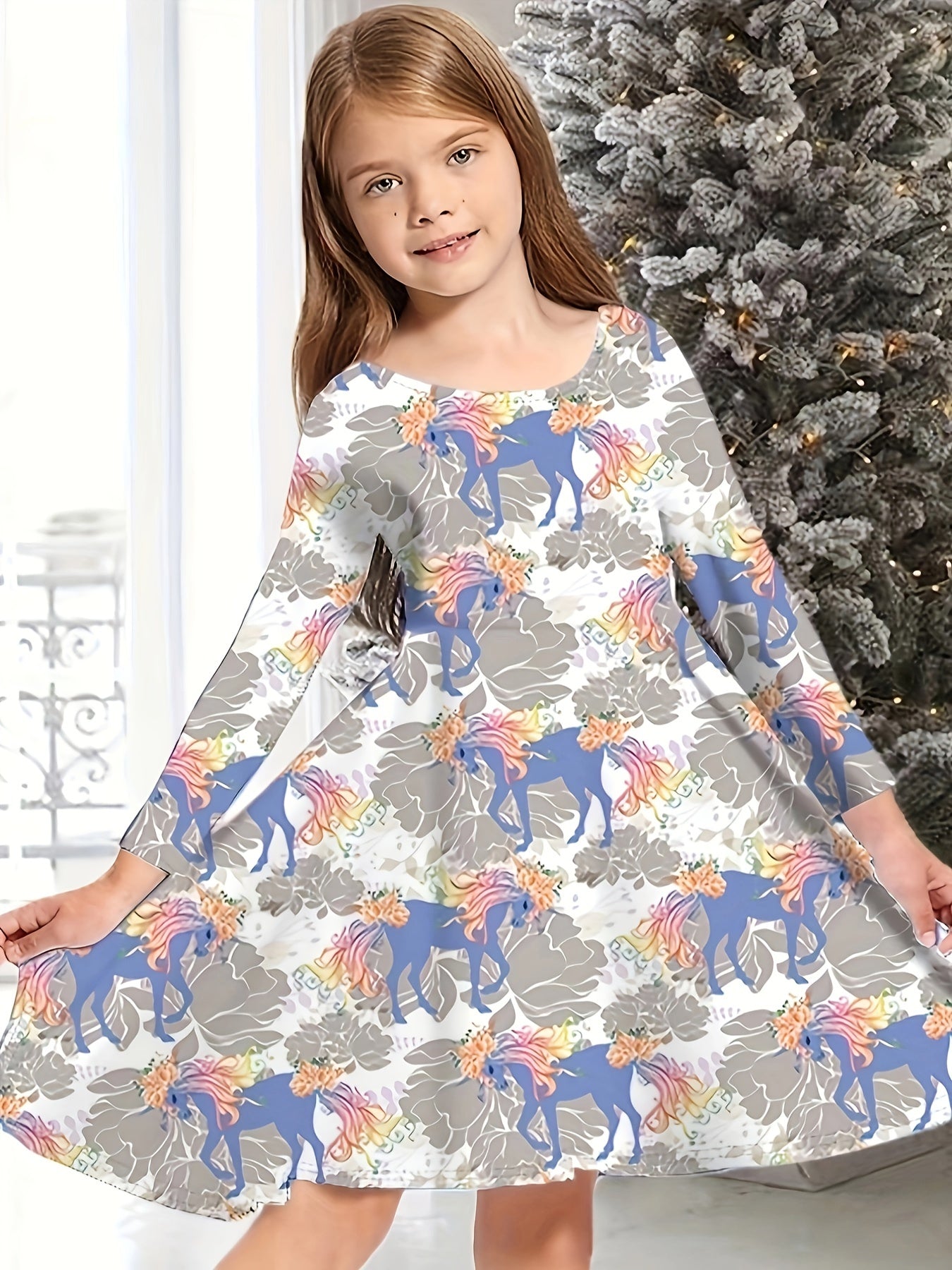 Snowy Reindeer Long Sleeve Dress Kids Spring Fall Christmas Gift