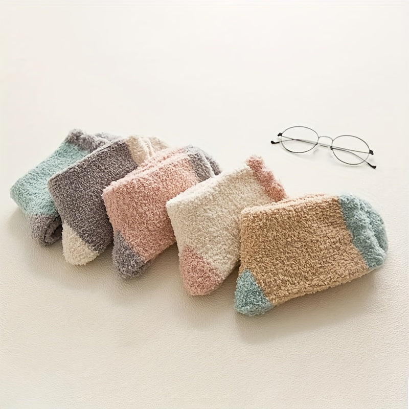5 Pairs Colorblock Fuzzy Socks Soft & Warm Women's Mid Tube Stockings