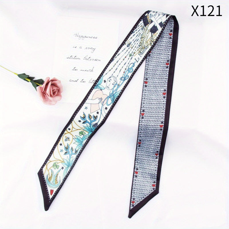 Flower Print Skinny Scarf Long Ribbon Neckerchief Silk Twilly Scarf
