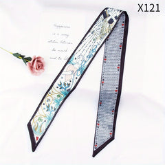 Flower Print Skinny Scarf Long Ribbon Neckerchief Silk Twilly Scarf
