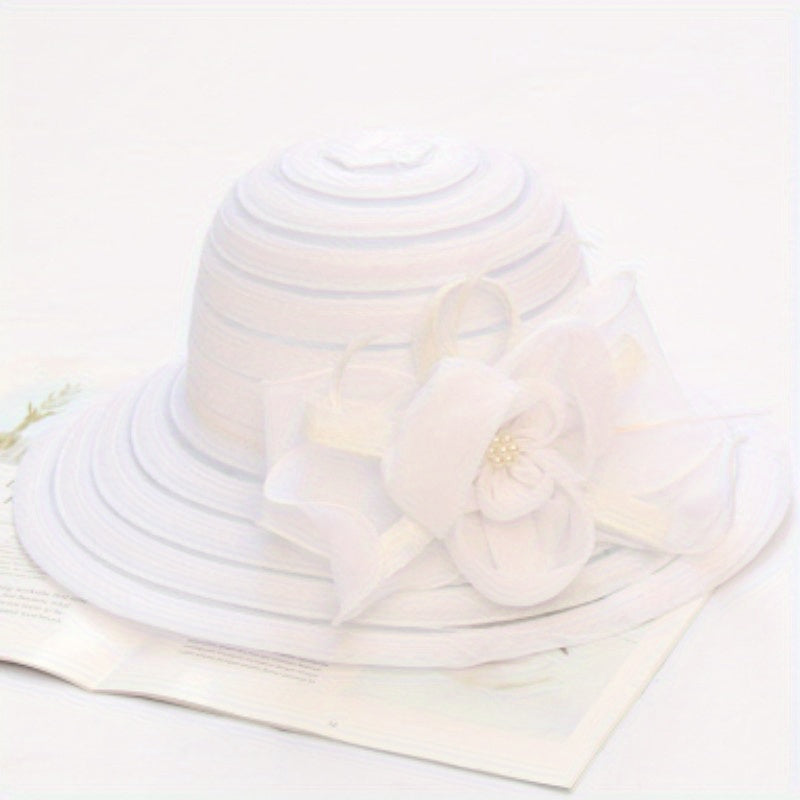 Striped Sun Hat Lace Flower Decor Organza Travel Beach Hats