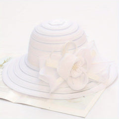 Striped Sun Hat Lace Flower Decor Organza Travel Beach Hats