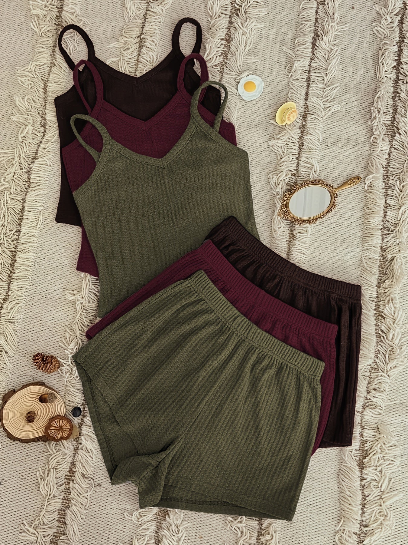 Waffle Knit Pajama Set: V Neck Cami Top & Shorts - 6 Pc