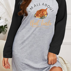 Nightdress Turkey & Letter Print Raglan Sleeve Round Neck Medium Stret