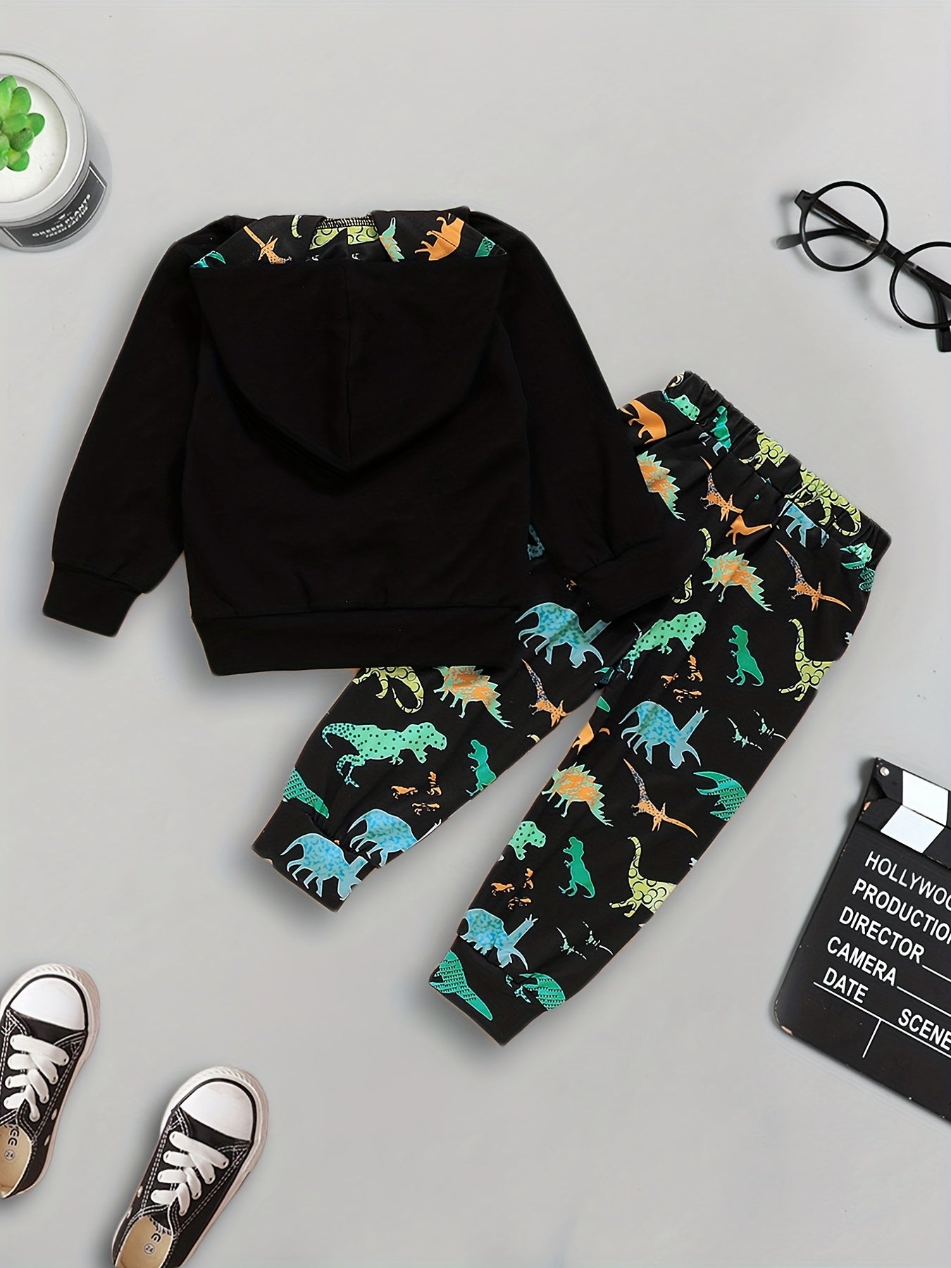 Boy's Dino Print Hoodie & Pants Set for Spring Fall